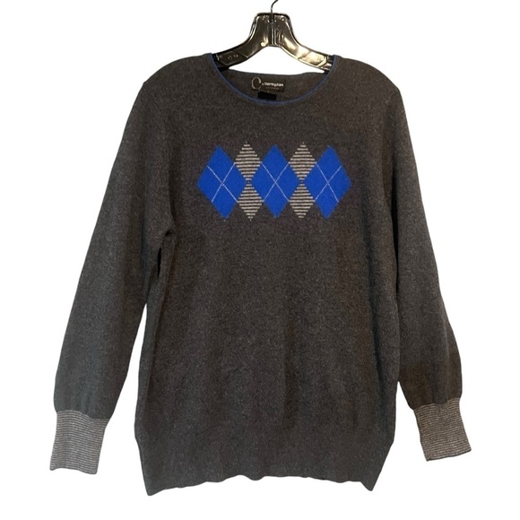 Bloomingdale’s 2 Ply Cashmere Pullover Crewneck Sweater Argyle Gray Blue XL - Picture 1 of 5